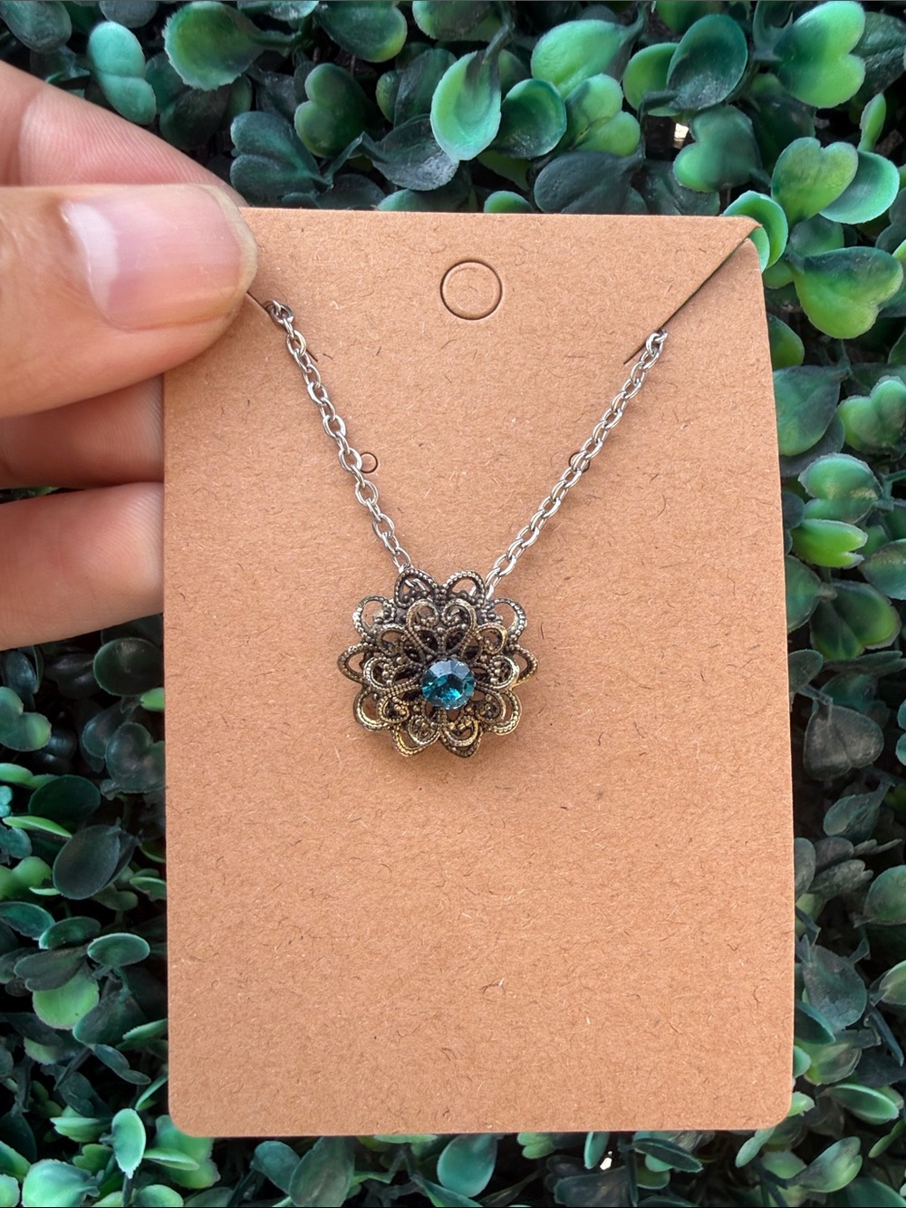 Repurposed Antique-Style Silver Flower Pendant Necklace with Blue Crystal